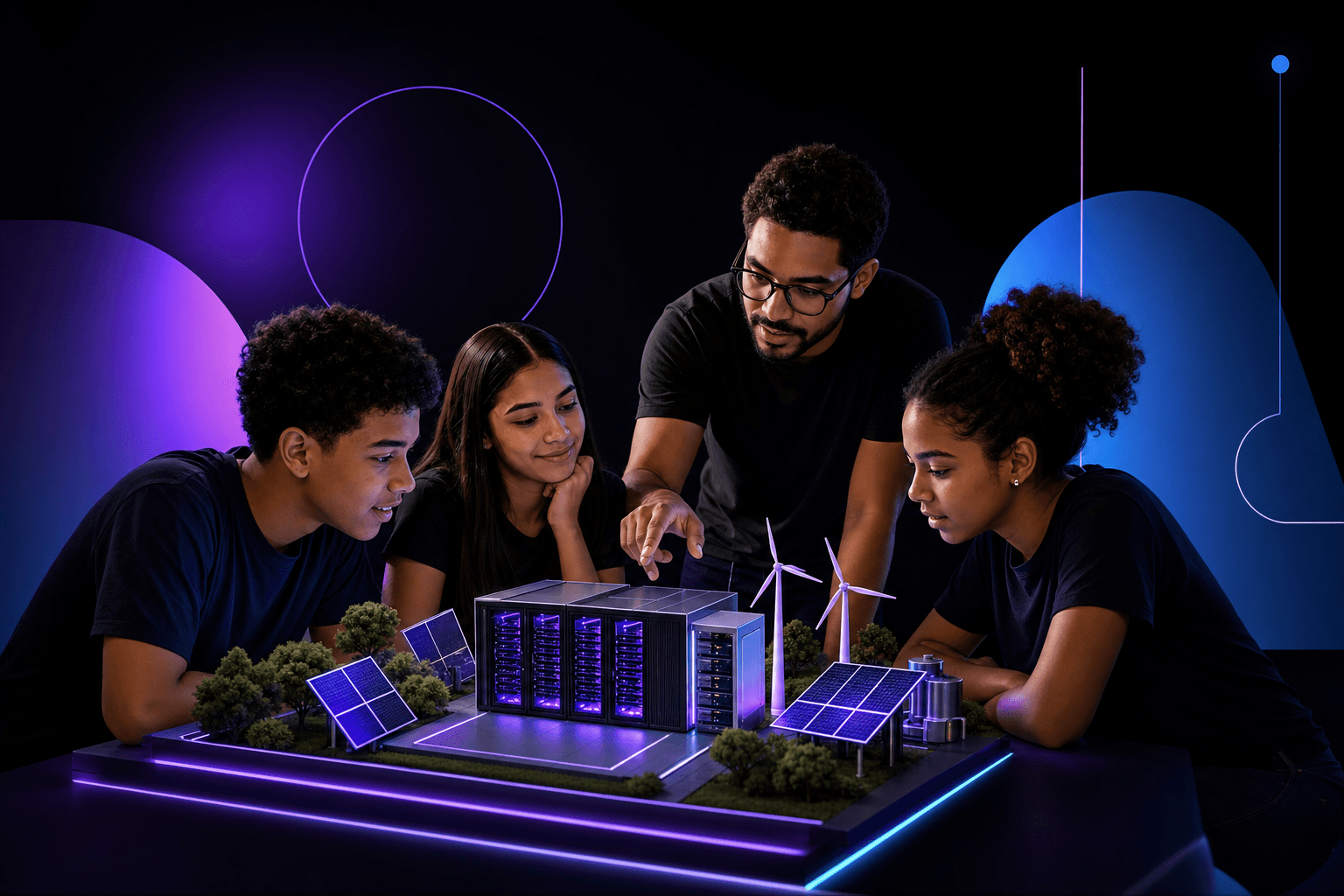 Estudantes analisam uma maquete de data center e fontes de energia em aula de Ciências.