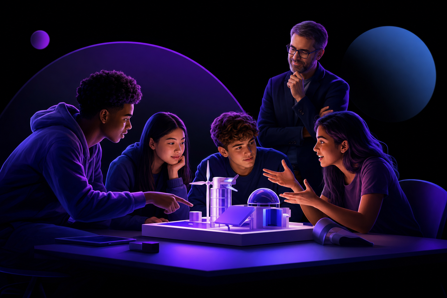 Estudantes discutem soluções alternativas para um protótipo.