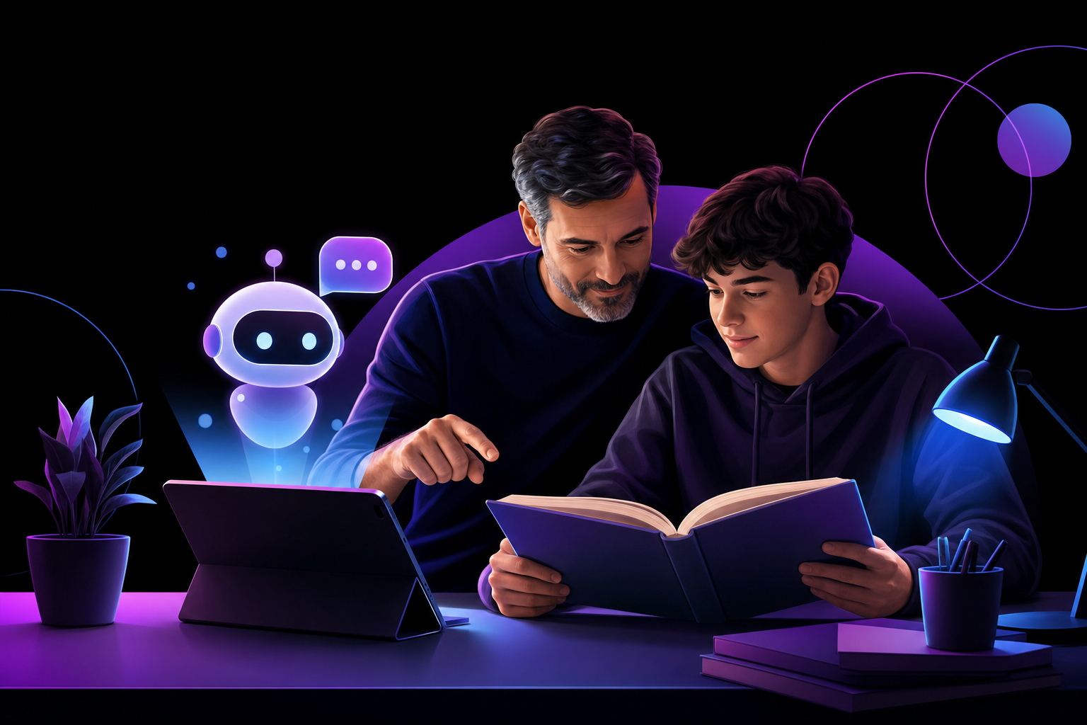Responsável e adolescente conferem uma resposta de IA em fonte confiável.