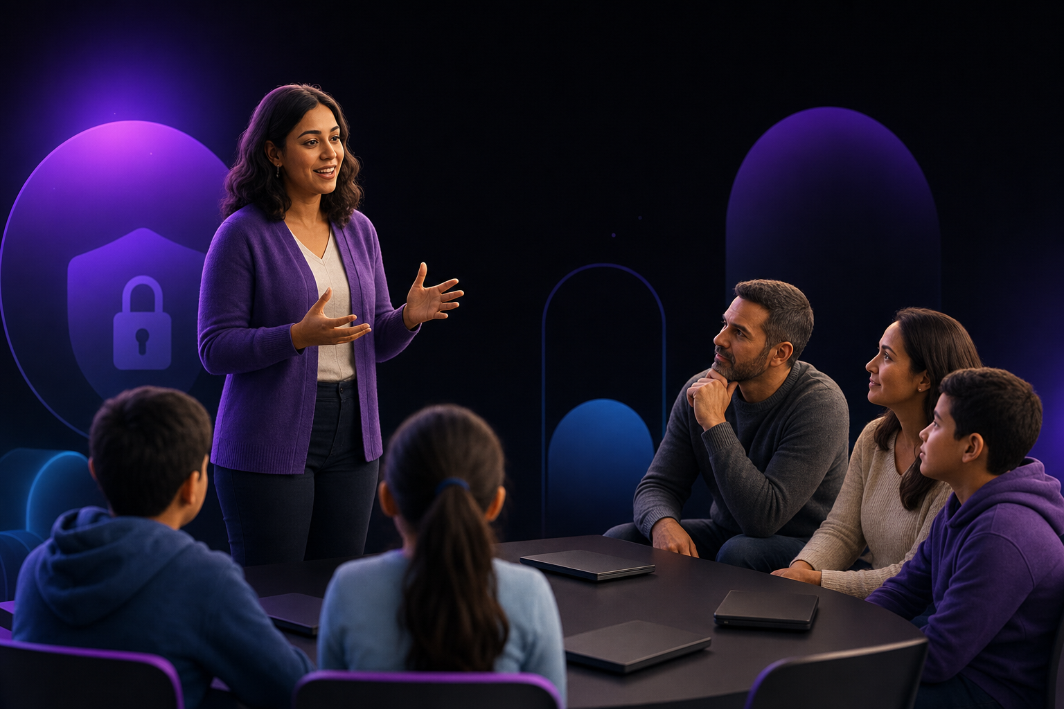 Professora conversa com famílias e alunos sobre privacidade digital.